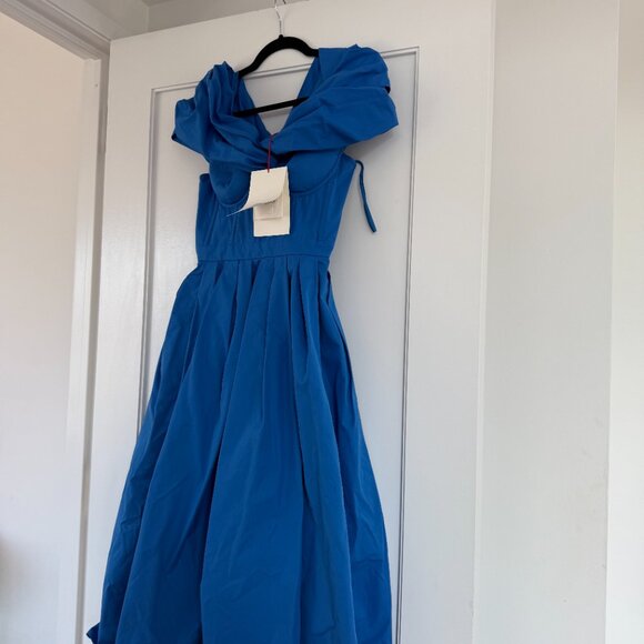 NWT Alexander McQueen Off-Shoulder A-line Midi Dress Galactic Blue Cotton Poplin - Picture 5 of 10